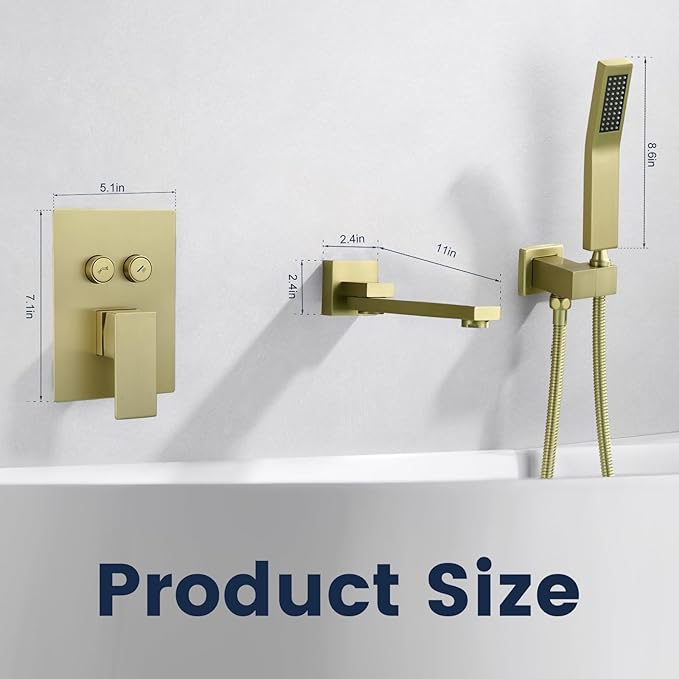 Wall Mount Bathtub Faucet Set Included 180°Swivel bathroom Tub Filler faucets and handheld Shower，high Flow Tub Spout with Solid Brass Push-button Diverter Pressure Balance Valve,Brushed Gold