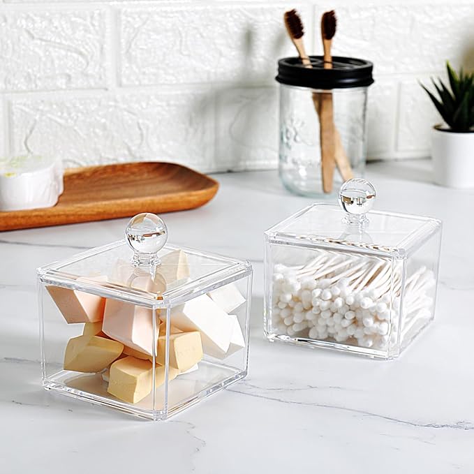 SheeChung Modern Square Qtip Holder Acrylic Bathroom Vanity Countertop Storage Organizer Canister Jar for Cotton Swabs, Rounds, Balls, Makeup Sponges, Bath Salts - 1 Pack - Clear