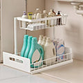 Under Sink Organizer Pull Out Kitchen Sink Organizer, 2 Tier L-Shape Bathroom Organizers and Storage with Sliding Drawer for Kitchen Bathroom Pantry (White, 1 Pack)