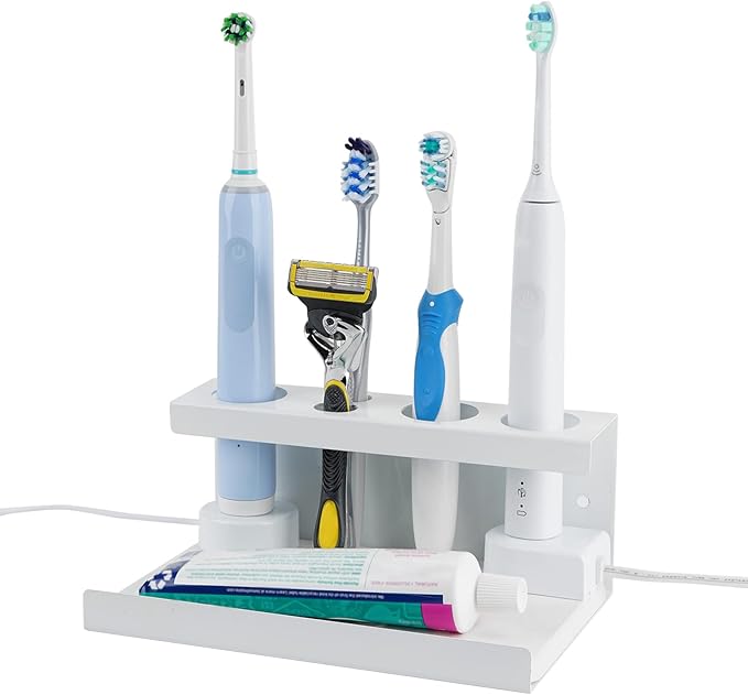 Electric Toothbrush Countertop Holder with Diatomite Stone - Bathroom Sink Organizer or Wall-Mounted Rack, Compatible with Philips Sonicare, Oral-B (White)