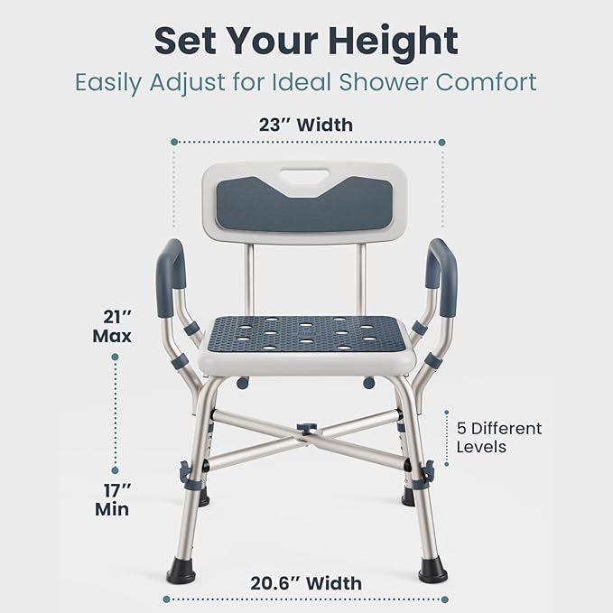 Shower Chair for Elderly and Disabled (450lb) with Padded Armrests and Back, Adjustable Height Shower Seat, Heavy Duty Shower Chairs for Inside Shower, Handicap - Teal