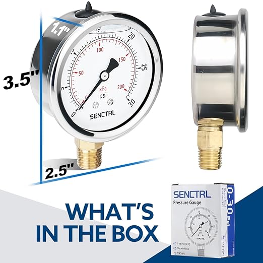 SENCTRL 0-30 PSI Glycerin Liquid Filled Low Pressure Gauge, 2.5" Dial Size - Image 6