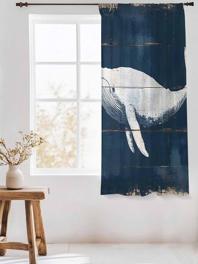 Sheer Curtains 72 Inches Long, Ocean Whale Blue Semi Sheer Curtains Light - Image 3