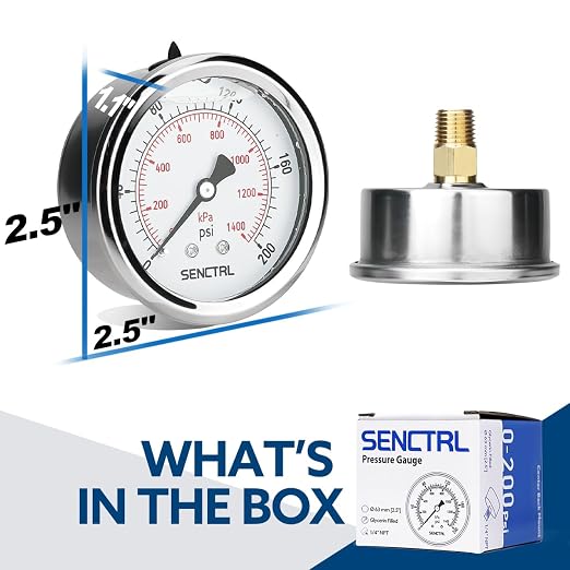 SENCTRL 0-200 Psi Glycerin Liquid Filled Pressure Gauge, 2.5" Dial Size - Image 6