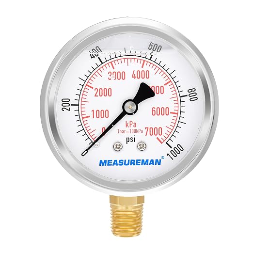 MEASUREMAN 2-1/2inch Dial Size, Liquid Filled Pressure Gauge, 0-1000psi/7000kpa by MEASUREMAN