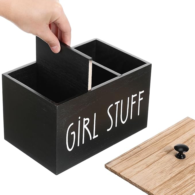 Wooden Tampon Storage Box for Bathroom, 3 Compartment Sanitary Napkin Organizer with Lid, Farmhouse Cotton Ball Holder, Feminine Product Container for Back of Toilet