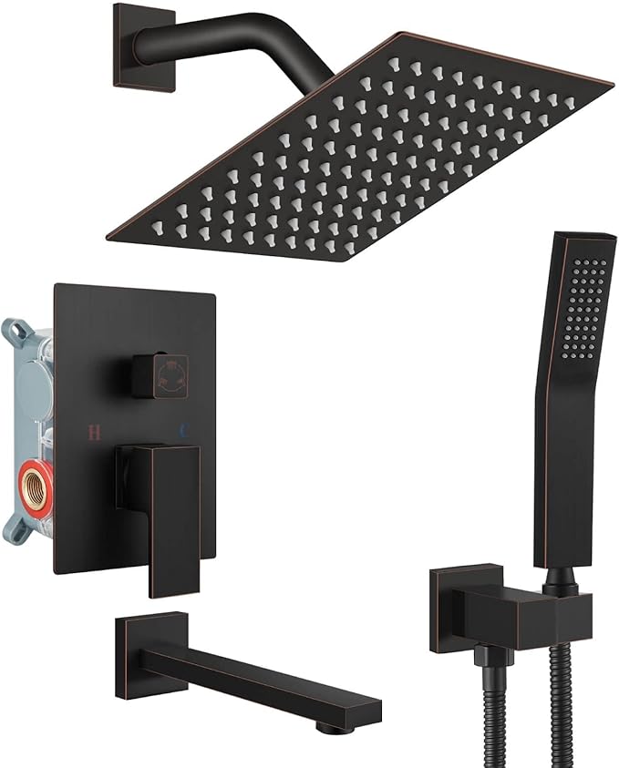 gotonovo Shower System with Tub Spout Wall Mounted Rain Shower Head and Handle Combo Shower Faucet Set with Valve, 8 Inch, Oil Rubbed Bronze