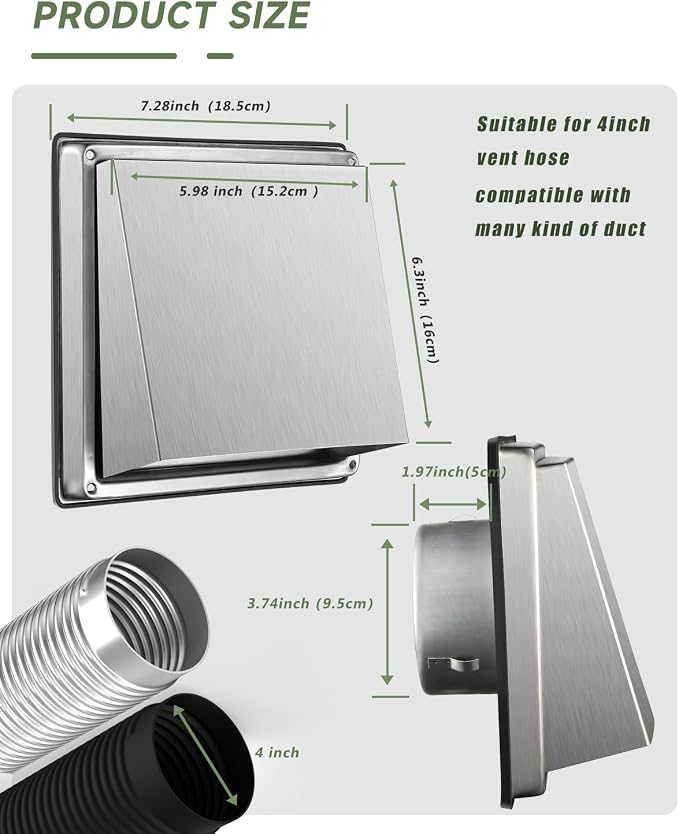 Upgraded 4" Stainless Steel 304 Dryer Vent Cover Outdoor - Image 3