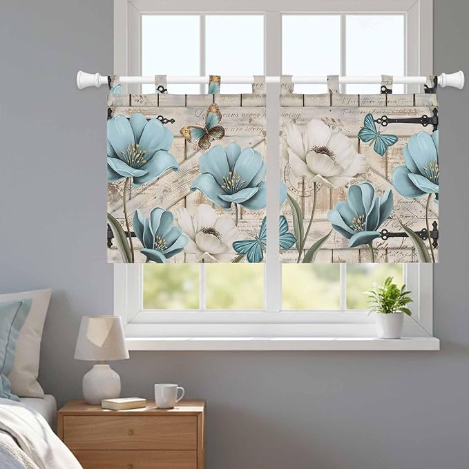 Teal Blue Tulips Kitchen Curtains 24 Inch Length, Small Window Curtains Tab Top - Image 9