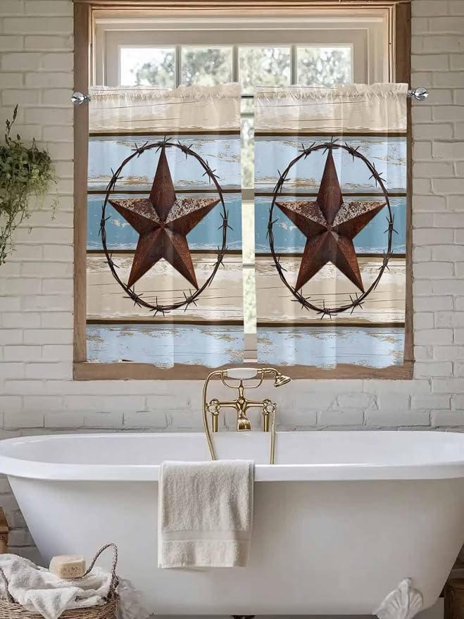 Vintage Western Star on Wood Grain Window Valance Curtains, Retro Wooden - Image 6
