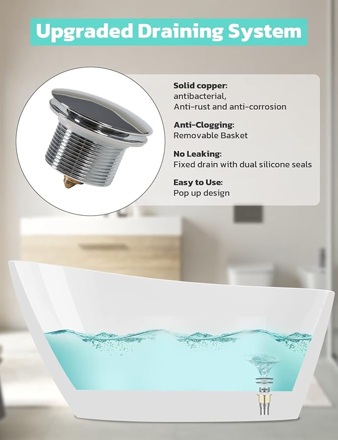 55 Inch Acrylic Freestanding Bathtub, Glossy White Contemporary Soaking Tub with Silver Toe-Tap Pop-Up Chrome Drain, Integrated Slotted Brushed Nickel Overflow, 55 Gal cUPC Certified Tub
