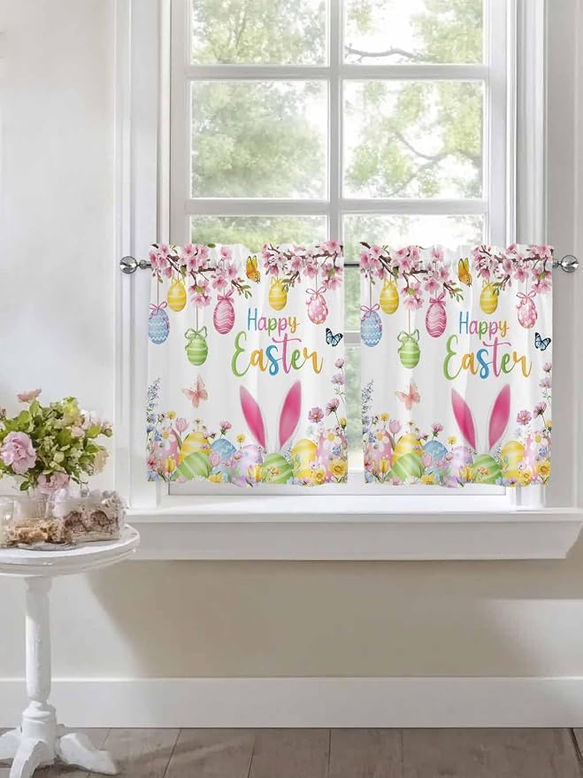 Happy Easter Half Window Curtain 36 Inches Long, Spring Watercolor Bunny Eggs - Image 7