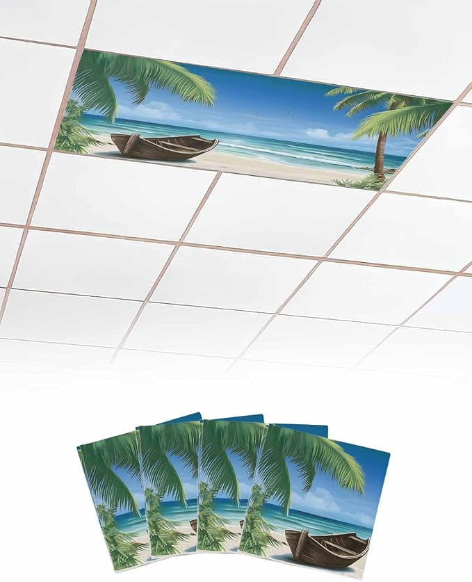 Summer 4 Pcs Fluorescent Light Covers, Ocean Beach Palm Tree Nautical Vessel by Gsypo