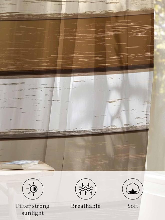 Sheer Curtains 63 Inch Length, Vintage Geometric Brown Semi Sheer Curtains - Image 6