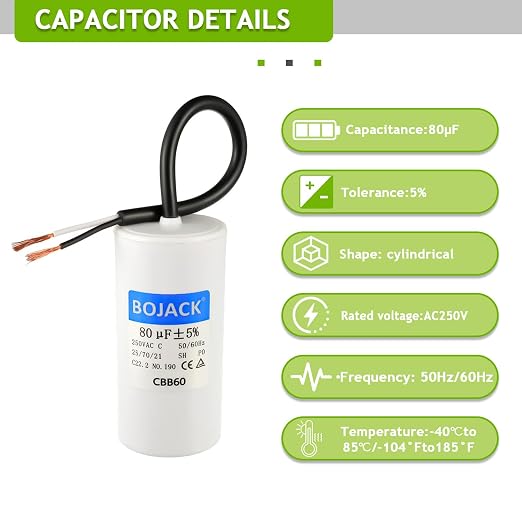 BOJACK Run Capacitor 80 uF MFD 250V AC 80 MFD CBB60 2 Wire 50/60Hz Cylinder - Image 3