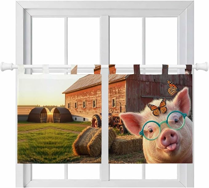Farm Pig Kitchen Curtains 36 Inch Length, Small Window Curtains Tab Top by Unknown