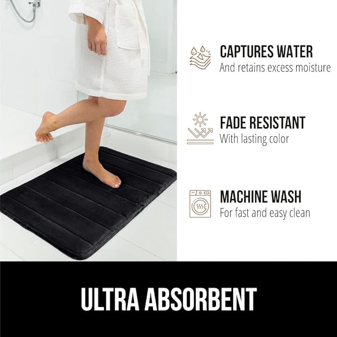 GORILLA GRIP Memory Foam Bath Mat, Soft Absorbent US Designed Bathroom Rug, Gripping Dots Machine Washable Bathmat, Cushioned Floor Mats, Shower Sink Rugs Room Décor Accessories, 60x24 Black