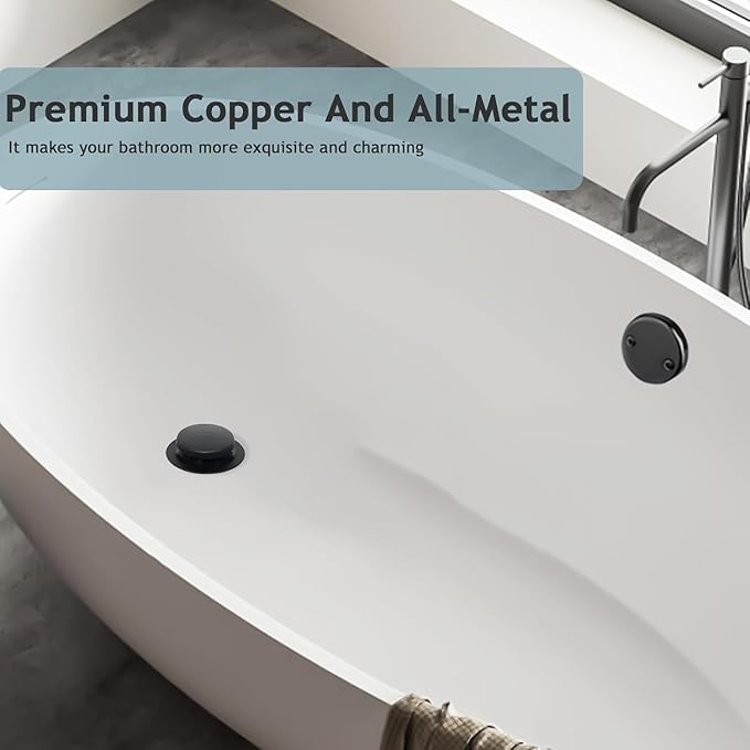 Tip-Toe Bathtub Drain Kit with Two-Hole Overflow Plate, Premium Quality Bath Tub Drain Replacement, Universal Fine/Coarse Thread Bathtub Stopper (Matte Black)