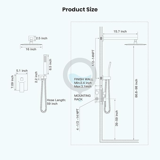 gotonovo Rainfall Bathroom Shower System Rain Shower Head and Handle Set Wall Mounted Shower Complete Combo Solid Brass Pressure Balancing Shower Mixer Valve 16 Inch Matte Black