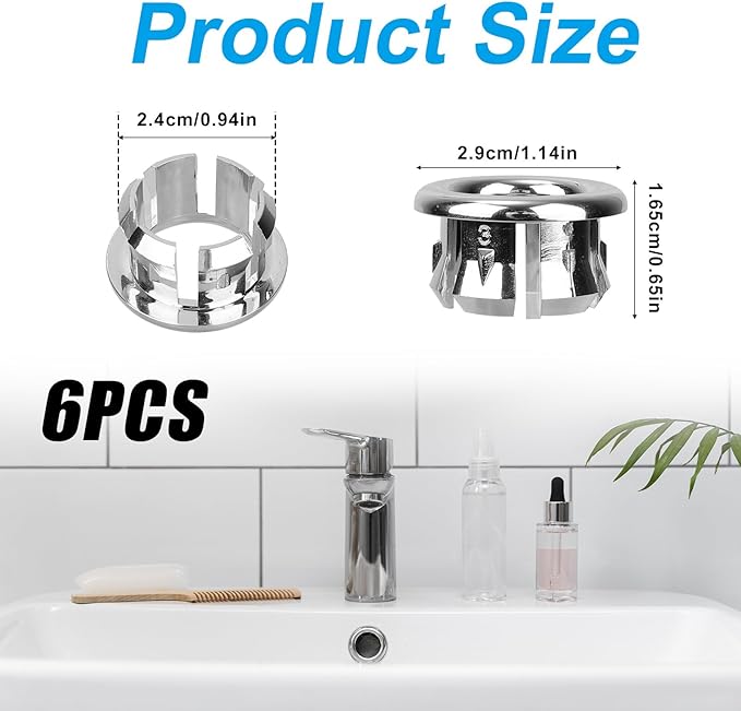 6pcs Sink Overflow Ring, Chrome Plated Bathroom Sink Overflow Trim Ring Cover Drain Hole Insert Cap for Kitchen Bathroom Basin Vanity & Ceramic Sinks