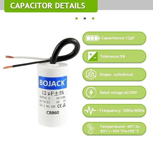 BOJACK Run Capacitor 12 uF 250V AC 12 MFD CBB60 2 Wire 50/60Hz Cylinder Motor - Image 3