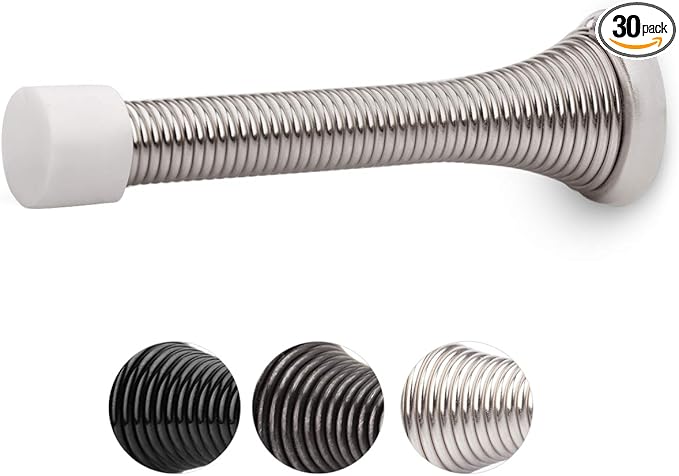 HOMOTEK 30 Pack Spring Door Stopper with Rubber Bumper Satin Nickel 3-1/8" Flexible Spring Heavy Duty Wall Door Stop Low Mounted Door Bumper for Home (Satin Nickel)