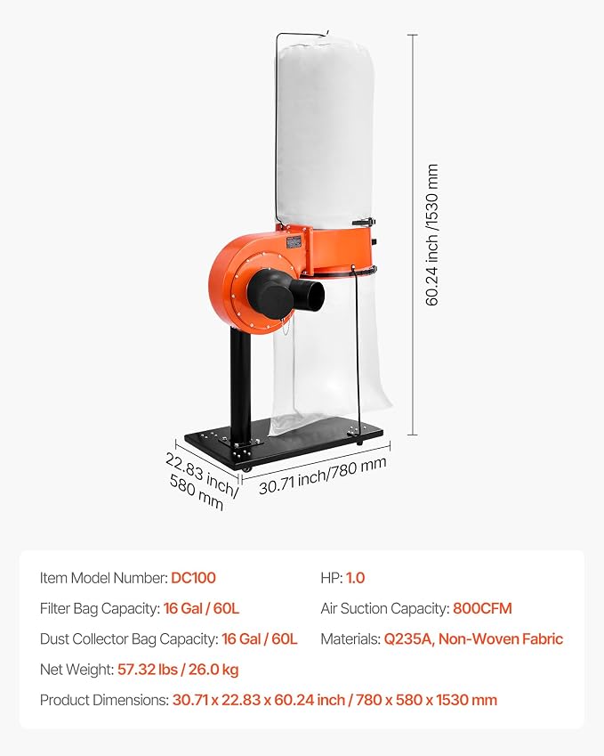 VEVOR Dust Collector, 800 CFM 2.5 Micron Vortex Cone Dust Collectors, 1HP - Image 7