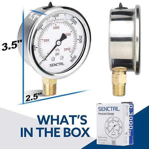 SENCTRL 3000 Psi Glycerin Liquid Filled Hydraulic Pressure Gauge, 2.5" Dial Size - Image 6