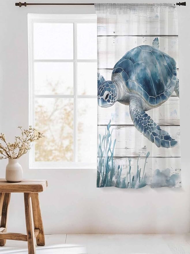 Sheer Curtains 63 Inch Length, Ocean Sea Turtle Semi Sheer Curtains Light - Image 3