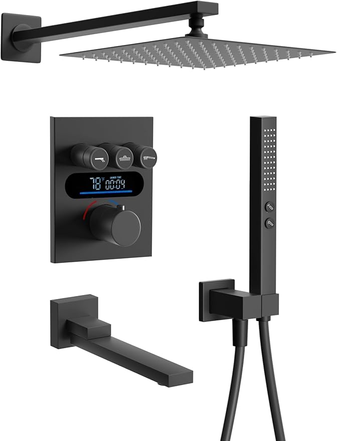 Lefton Shower System in Fahrenheit Display (Battery-free), 10” Overhead Shower Head with All-in-one Handheld Spray Showerhead and Bathtub Faucet, 4-in-1 Control System, SSWM2502 (Matte Black)