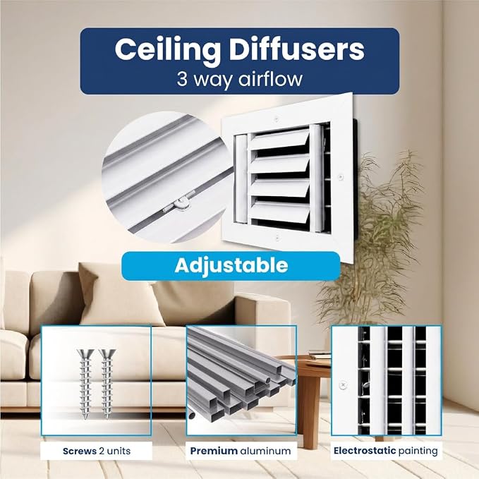 8x6 Inch Aluminum 3-Way Air Flow Vent Cover Wall or Ceiling – Quiet HVAC Wall - Image 4