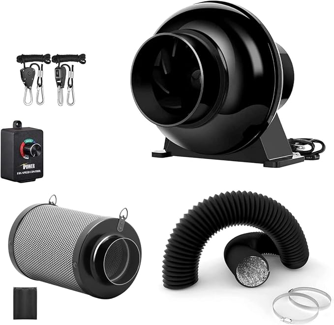 iPower 4 Inch 195 CFM Inline Fan, Air Carbon Filter, 8 Feet PVC Ducting by iPower
