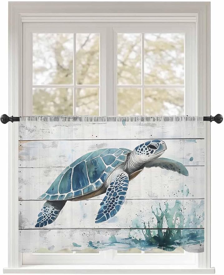 Sheer Curtains 54 Inch Length, Teal Green Sea Turtle Semi Sheer Curtains Light by Unknown
