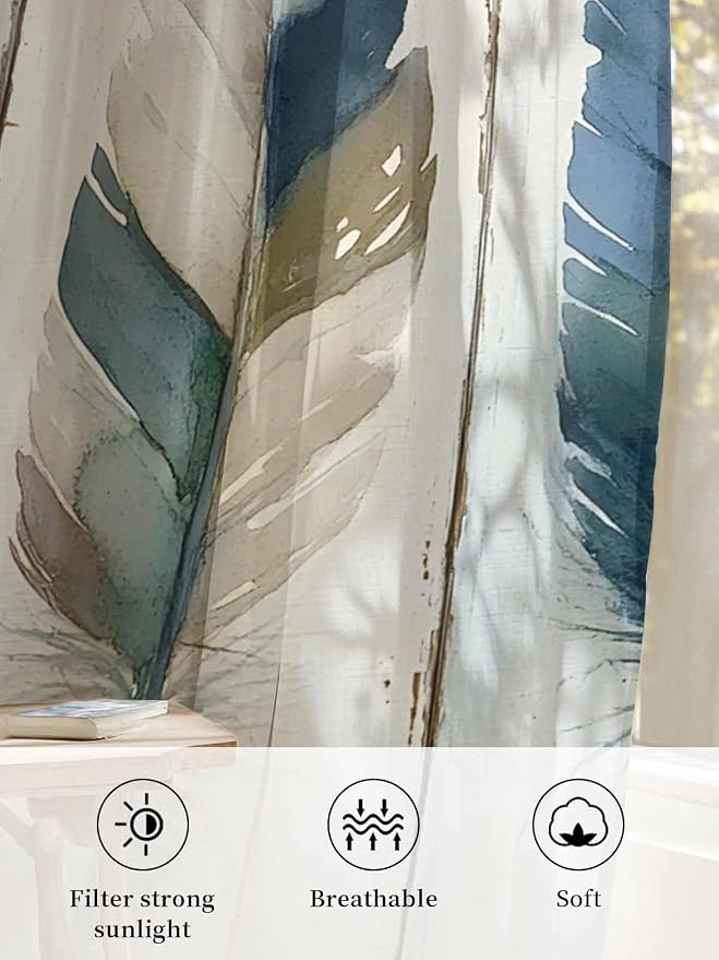 Sheer Curtains 108 Inches Long, Boho Blue Feathers Semi Sheer Curtains Light - Image 6