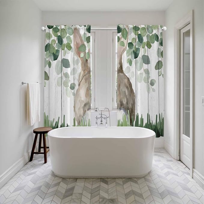 Easter Kitchen Curtains, Country Rabbit Botanical Leaves Wooden Grain Light - Image 5