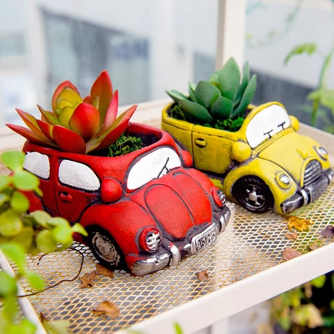 Cement Red Car Succulent Planter Flower Pots Succulent Plants Containers - Image 6