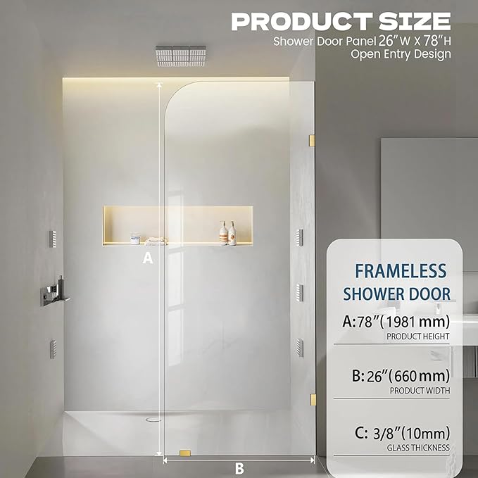 Frameless Shower Door, 26" W ×78" H Fixed Shower Glass Panel with Clamps, 3/8" (10mm) Glass Shower Doors, Clear Tempered Bathroom Shower Panel in Brushed Gold