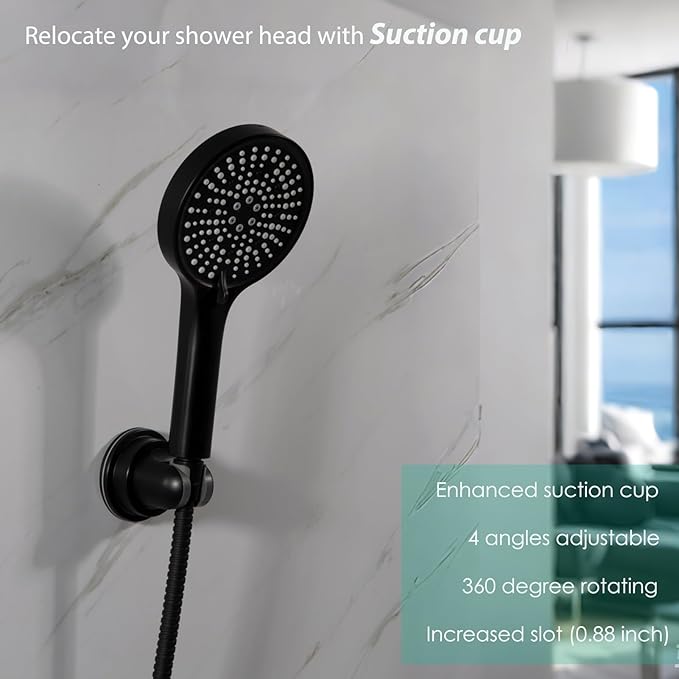 Hand held Showerhead Holder Wall Mounted with Suction Cup - Reusable- Wide Anlge Adustable Shower Hose Holder (Matte Black)