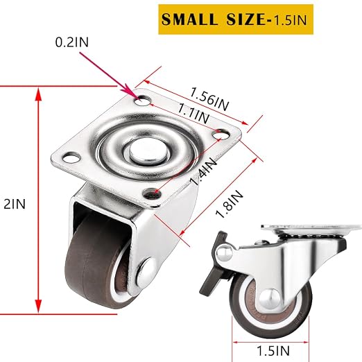 8Pcs 1.5 Inch Low Profile Swivel Casters Wheels, Small Heavy Duty Rubber - Image 4