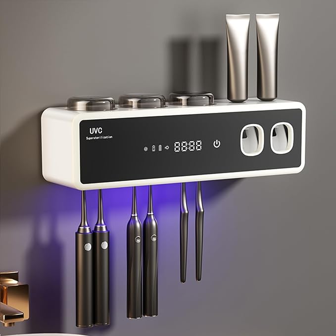 Wall Mounted Toothbrush Holders, Automatic Toothpaste Dispenser, 3 Cup Rechargeable Electric Toothbrush Holder with Smart Cleaning and Hot Air Drying,Bathroom Decor and Accessories (White)