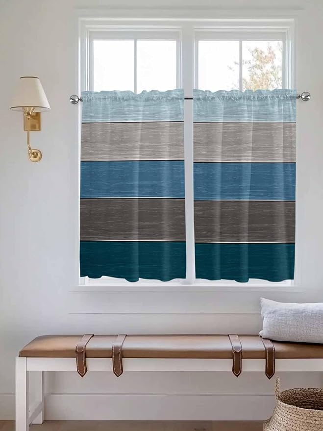 Retro Farm Blue Gray Wood Grain Window Valance Curtains, Rustic Wooden Plank - Image 2