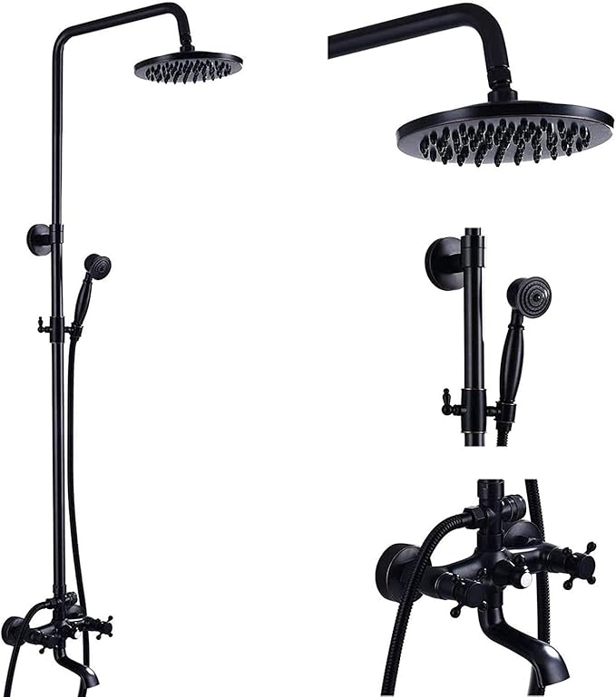 NeierThodore Oil Rubbed Bronze Shower Faucet Set Complete Shower System 8 Rain Shower 2 Cross Knobs Wall Mounted Mixer Bathroom Shower Tub Tap Bathroom Fixtures Wall Mount