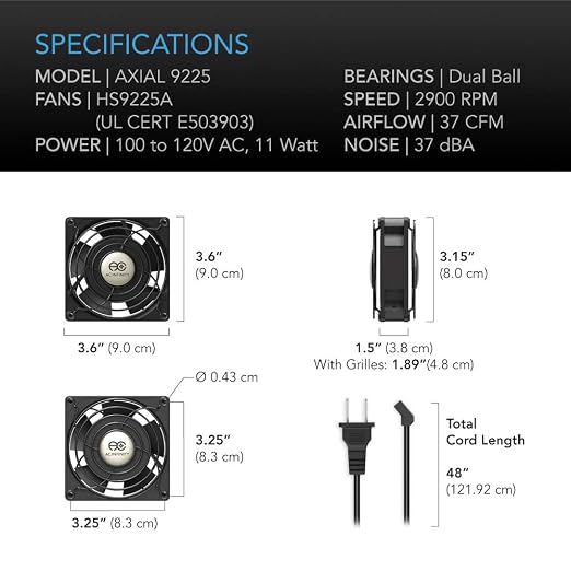 AC Infinity AXIAL 9225, Muffin Fan, 120V AC 92mm by 92mm by 25mm High Speed - Image 6