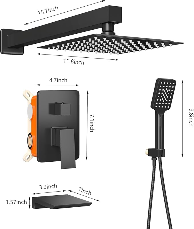 Shower Faucet Set Complete Matte Black Shower System with 12 inch Square Rainfall Shower Head 3-Function Handheld Shower Waterfall Bathtub Spout Rain Shower Combo Set Bathroom Wall Mounted
