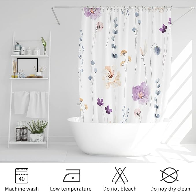Gibelle Watercolor Floral Shower Curtain, Purple Beige Flower Shower Curtain for Bathroom, Modern Minimalist White Waterproof Fabric Shower Curtain Set 72x72 Inch
