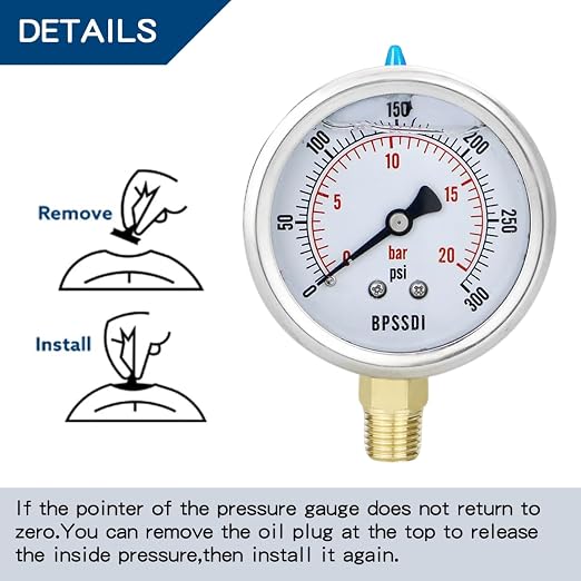 0-300 Psi Glycerin Liquid Filled Pressure Gauge, 2.5" Dial Size, 1/4" NPT Lower - Image 4