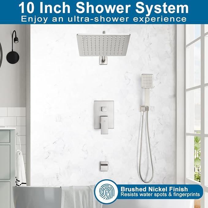 POP SANITARYWARE Shower Tub Faucet Set Brushed Nickel Bathroom Rain Shower System with Tub Spout Wall Mounted Rainfall 10 Inch Thickened Shower Head and Handle Set Include Shower Valve and Trim Kit