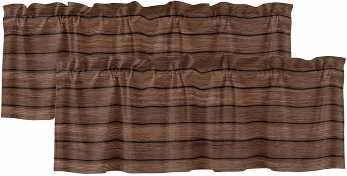 2 Pack Kitchen Valance for Windows, Farm Brown Wood Board Light Filtering Rod by Alandar+Home