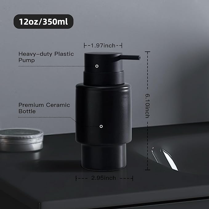 Fun Elements Black Soap Dispenser, 12oz Luxury Bathroom Soap Dispenser, Creamic Liquid Dispenser for Bathroom, Modern Minimalist Style