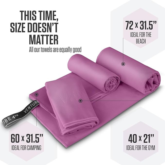 VENTURE 4TH Quick Dry Towel. Microfiber Travel Towel Ideal for Camping, Hiking, Backpacking, Gym. Lightweight & Fast Drying Travel Towels for Body. Compact & Easy to Pack - Purple Medium